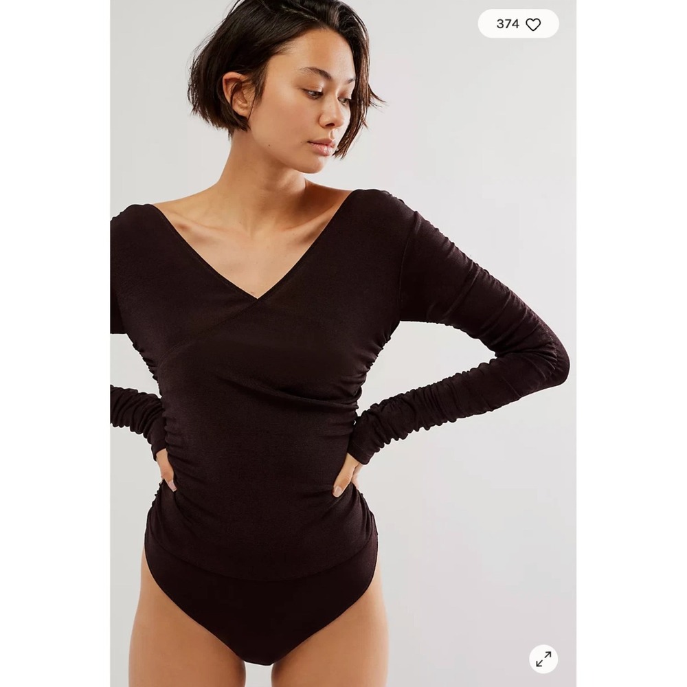 Intimately Free People Reya Ruched V-Neck Long Sleeve Bodysuit  Brown
